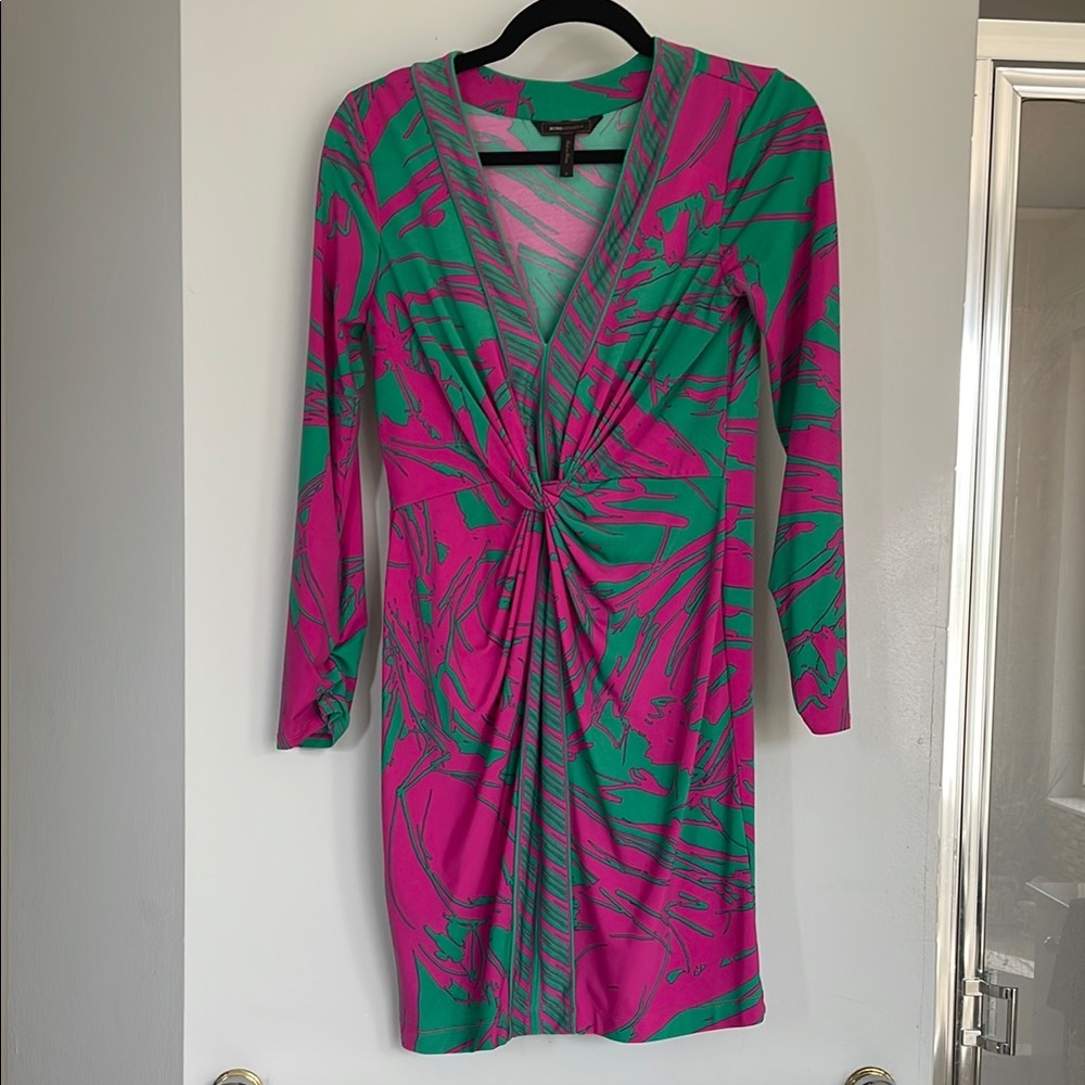BCBGMaxAzria Pink Green Midi Bodycon Dress with Long Sleeves and Plunge Neckline